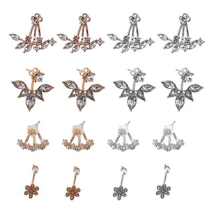 8 Pairs Fashion Silver Leaf Flower Crystal Ear Front And Back Stud8718 - Picture 1 of 8