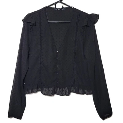 Blusa Top ZARA Negra Volantes Punto Suizo Cuello en V Abotonada Manga Larga L Bebé Muñeca Foto 1 de 4
