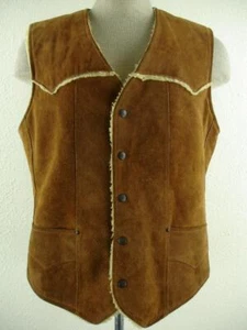 Men's S M 40 Vtg 1970s Pioneer Wear Brown Suede Leather Vest Faux Fur Lined Snap - Picture 1 of 16