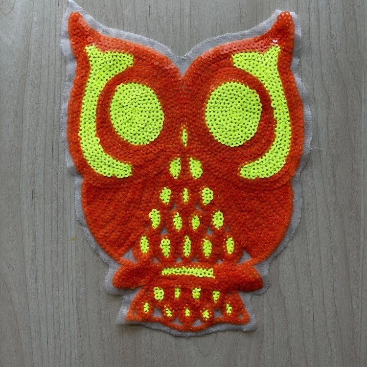 Large OWL Sew on Patch-Orange and Lime Green Flat Sequins on Mesh SIZE 8"x10.5" - Image 1 of 1