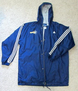 ADIDAS Extra Long Navy Blue Full Zip Hooded Jacket Windbreaker Size XL Lined - Picture 1 of 10