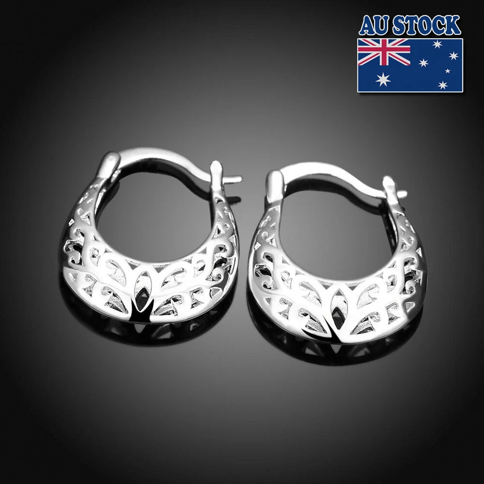 New 925 Sterling Silver Filled Women 26mm Filigree Flower Hoop Earrings Vintage - Image 1 of 3