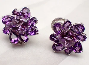 Pendientes de clip con racimo de amatista brillante de plata de ley 925 Tailandia 1/2" 6,5 g - Imagen 1 de 7