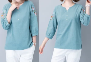 Women Top Soft Cotton/Linen Floral Blouse 3/4 Long Sleeves Clothing Summer Tee - Picture 1 of 9