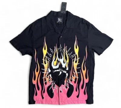 NUEVO CON ETIQUETAS Camisa Ed Hardy Tatuaje Manga Corta Llama Abotonada Negra Rosa Amarilla Talla M Foto 1 de 4