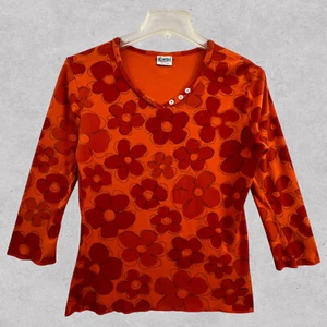 Vintage ICANTOO Henley Shirt Womens XL Floral AOP Orange 3/4 Sleeve Boho Hippie - Picture 1 of 7
