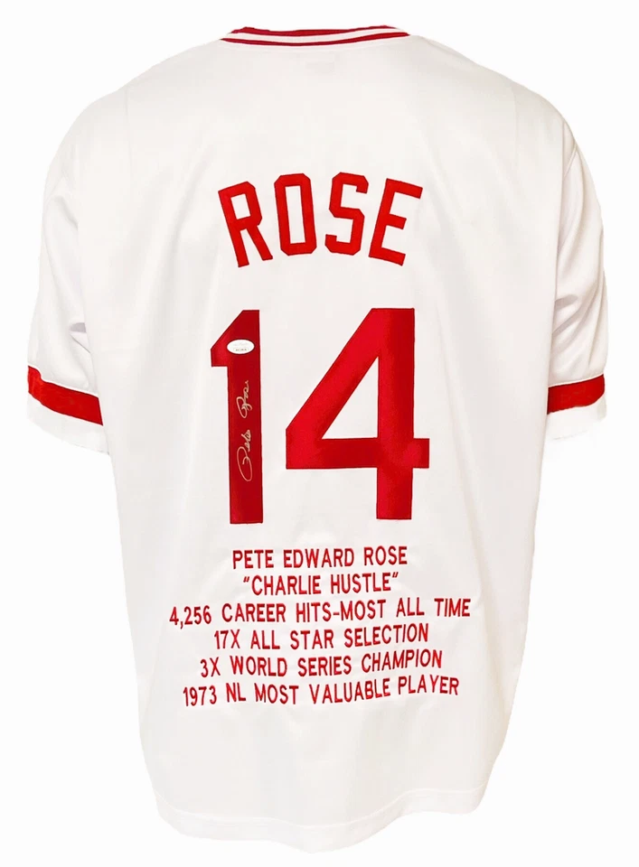 Cincinatti Reds Pete Rose Autographed Pro Style White Stat Jersey JSA Authent... - Image 1 of 1