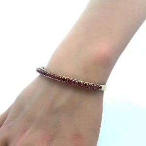 Vintage 14K Yellow Gold Round Ruby Open Scroll Hinged Cuff Bangle Bracelet - Picture 1 of 9