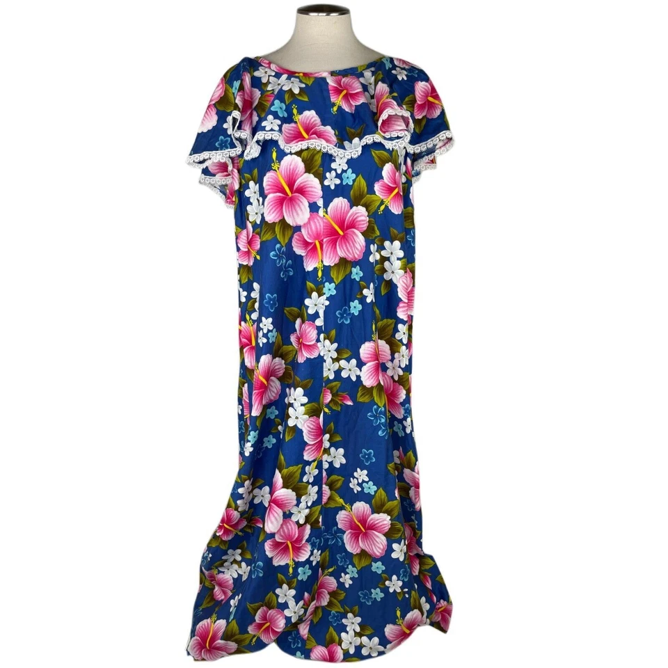 Vestido Hawaiano De Colección Años 70 Tiki Personalizado Talla 18 Harriets of Hawaii Azul Hisbiscus Foto 1 de 4