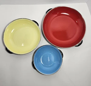 Vintage B&M Douro 3 Enamel Pans Colorful MCM Mid Century Modern Blue Yellow Red - Picture 1 of 11