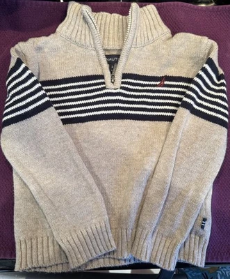 Nautica Toddler 24m Quarter Zip Pullover Oatmeal Navy Chest Stripe Knit Sweater - Image 1 of 4