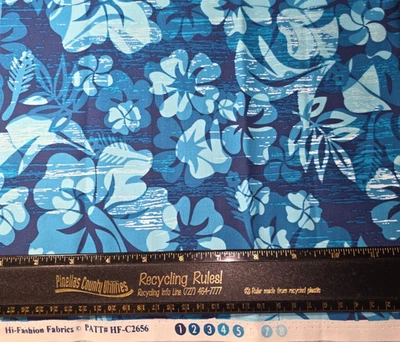 Tropical Blue Floral Cotton Craft Sewing Fabric 25 inches NEW Vintage - Image 1 of 3