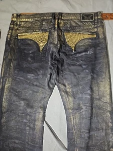 Jeans Robins Para Hombre 42x35 Negro Dorado Grunge Solapa Larga Estrás Joya Bling  - Imagen 1 de 20