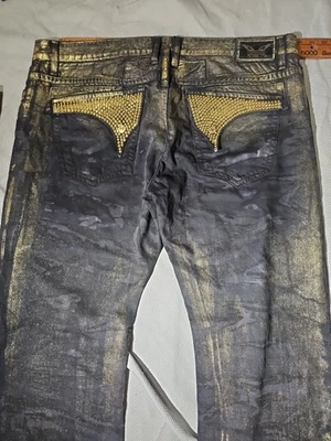 Jeans Robins Para Hombre 42x35 Negro Dorado Grunge Solapa Larga Estrás Joya Bling  Foto 1 de 4