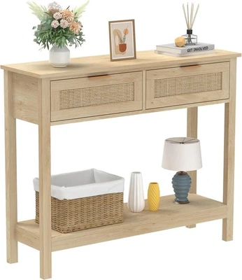 Boho Rattan Console Table with Drawers & Open Shelf, Rustic Entryway - Image 1 of 4