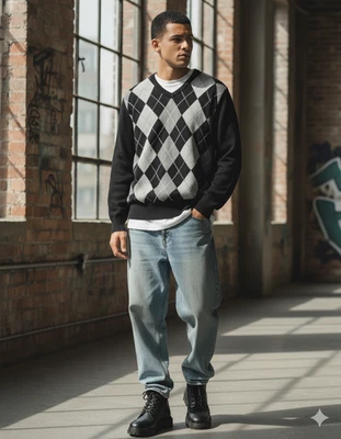 Suéter H&M L.O.G.G Vintage Argyle Para Hombres Grande Negro Gris Cuello en V Algodón Pullover Foto 1 de 4