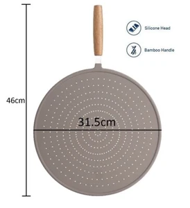 32cm Dia Silicone Round Splatter Strainer Pan Guard Cover Sieve Wooden Handle - Picture 1 of 3