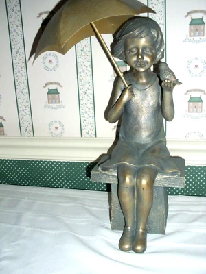 GARDEN STATUE-GIRL ON BENCH /BIRD & UMBRELLA BY ROMAN- 17.25" H-YEAR 2020-NEW - Image 1 of 4