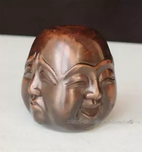OLD SIGNED BRONZE Carved Buddhism Buddha Head Sculpture Statue 4 Faces - Picture 1 of 6