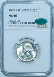 1943 S NGC MS66 CAC FS-501 Trumpet Tail S Washington Quarter - Picture 1 of 3