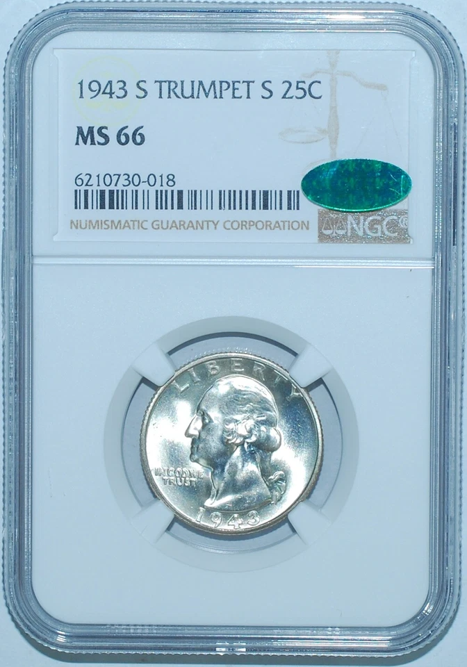 1943 S NGC MS66 CAC FS-501 Trumpet Tail S Washington Quarter - Image 1 of 3