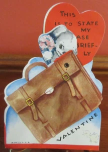 Vintage USA mechanische Valentinskarte AUFSATZ AKTENTASCHE Welpe mit Blumen (#2) - Bild 1 von 5