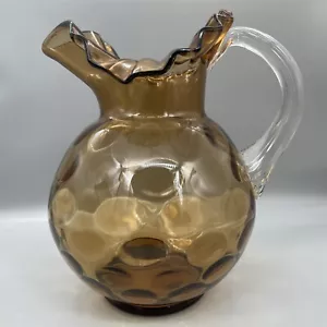 Large Art Glass Fenton Amber Thumbprint Coin Dot Ruffled Crimped Water Pitcher - Picture 1 of 11