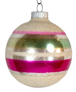 Shiny Brite Christmas Ornament Ball Pink Green White Stripes Glitter #1108 - Picture 1 of 8