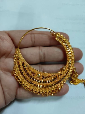 Indian Nose Ring Nath Jewelry Gold Plated Wedding Hoop With Chain Piercing Big - Image 1 of 4