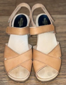 Swedish Hasbeens Sz 37 Chunky Cross Sandal Heeled Leather Wooden Clogs - Picture 1 of 6