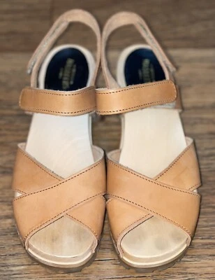 Swedish Hasbeens Sz 37 Chunky Cross Sandal Heeled Leather Wooden Clogs - Image 1 of 4