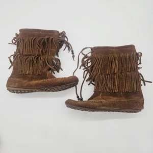 Minnetonka Womens Moccasins Brown Boots Size 7 Two Fringe Mid Calf 84653 - Picture 1 of 21