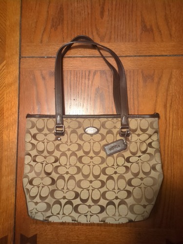 Borsa a tracolla Coach Signature C marrone tela bordo pelle chiusura cerniera tote bag