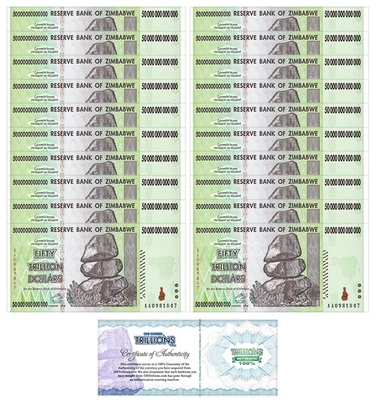 Zimbabwe 50 billones de dólares, 2008, P-90, UNC, con certificado de autenticidad X 20 piezas Foto 1 de 3