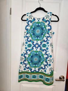 London Times Shift Dress Blue Yellow White Print Paisley 10 Womens Cotton Preppy - Picture 1 of 11