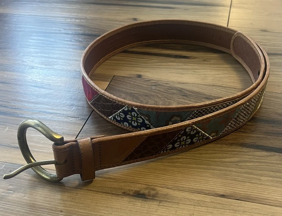 Cinto fóssil feminino L lona couro patchwork colorido floral hippie boho - Imagem 1 de 4