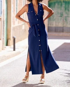 Maxi Vestido Boston Proper Para Mujer Beyond Travel Botón Cuello Frontal Azul Talla XL - Imagen 1 de 12