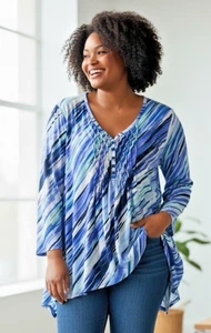 Cocomo Tunika Top Gr. 3X 4X blau gestreift asymmetrischer Saum flüssig Slinky Strick Jersey - Bild 1 von 12