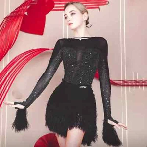 Latin dance competition dress women's performance tassel dance hall long sleeved - Bild 1 von 13