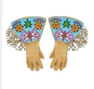 Powwow Old American Style Handmade Beaded Suede Leather Gauntlet Gloves PGV13
