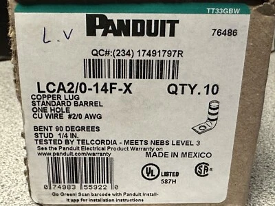 NEW Box of 10 PANDUIT COPPER COMPRESSION TERMINAL WIRE CONNECTORS LCA2/0-14F-X - Image 1 of 4