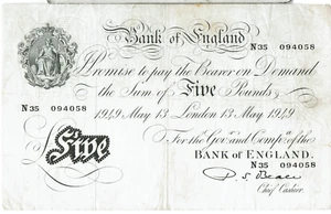 ENGLAND BANKNOTE 5 B270 P344 BEALE 1949 aEF - schöner Schein SER N35 094058 - Bild 1 von 2