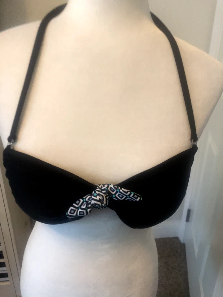 NEW L Black Aqua Blue MALIBU DREAM GIRL SWIM TOP Bikini PADDED HALTER Bow BRA - Image 1 of 4