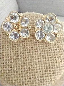 Kramer Signed Gold Tone Clip-on Earrings W/Rhinestones, 1 Rhinestone Missing - Picture 1 of 3