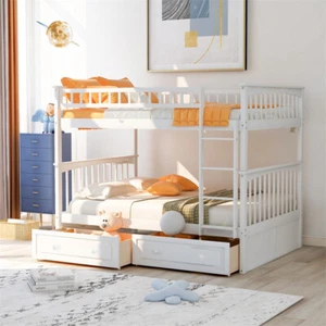 Full over Full Wood Bunk Bed w/2 Storage Drawer,Convertible 2 Bedroom Beds-White - Picture 1 of 14
