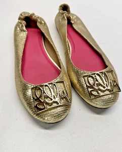 Lilly Pulitzer Metallic Gold Logo Classic Leather Ballet Flats Sz. 7 - Picture 1 of 8