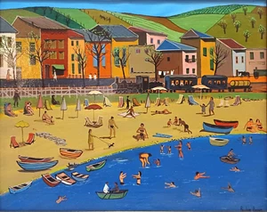 LISTED DUTCH FOLK ART PAULINE BRAAT Sd ORIG O/C BEACH SCENE BER MENGELS WIFE - Picture 1 of 8