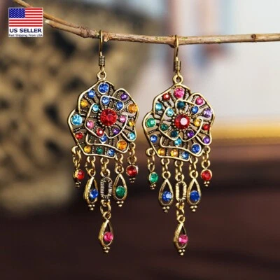 Gorgeous Women Ancient Gold Bohemian Earrings Color Rotating Flowers Tassel 1502 - Image 1 of 4