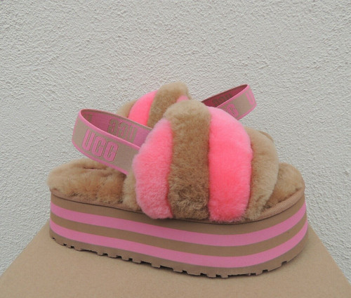 SANDALI SLIDE UGG CASTAGNA DISCOTECA RIGHE COMBO FLUFF DONNA US 8 EUR 39 ~NUOVI CON SCATOLA