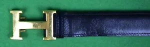 "Hermes Paris Black Leather Belt w/ 'H' Brass Buckle" Sz 34 - Picture 1 of 6
